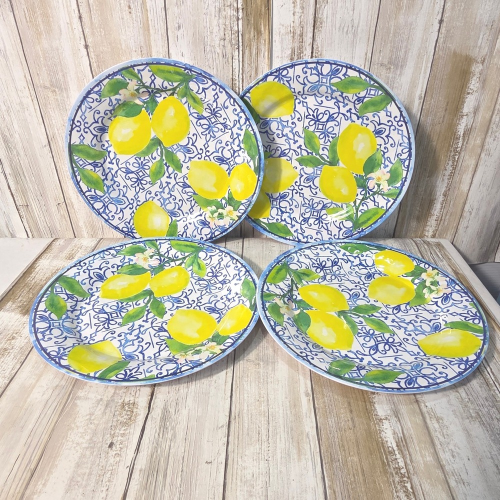Set of 4 Melamine Lemon Dinner Plates Blue White Mediterranean Tile Citrus 10in - Picture 2 of 6